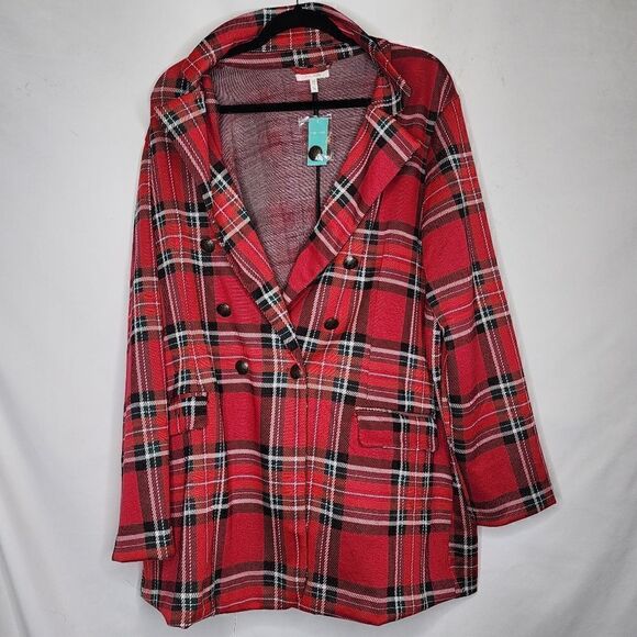 4X Red Plaid Plussize Blazer Stretch Tartan Boyfriend Fit Longline Oversized but - Picture 2 of 8